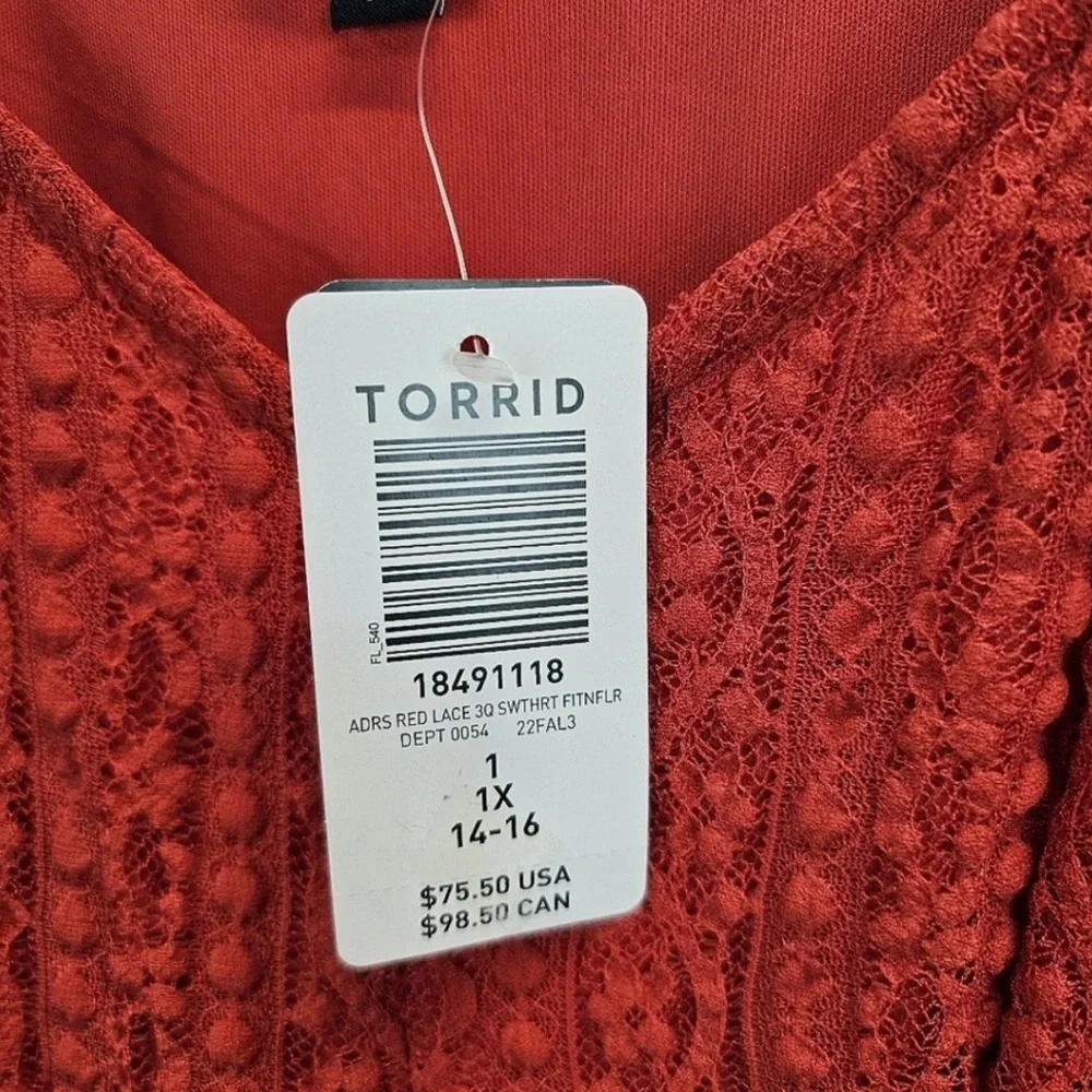NWT Torrid Red Lace 3/4 Sleeve Fit and Flare Sweetheart Neck Dress Sz 1X - Picture 8 of 10